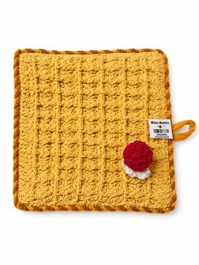 Cost Plus World Market Mustard Crochet Baby Bib with Red Flower Accent